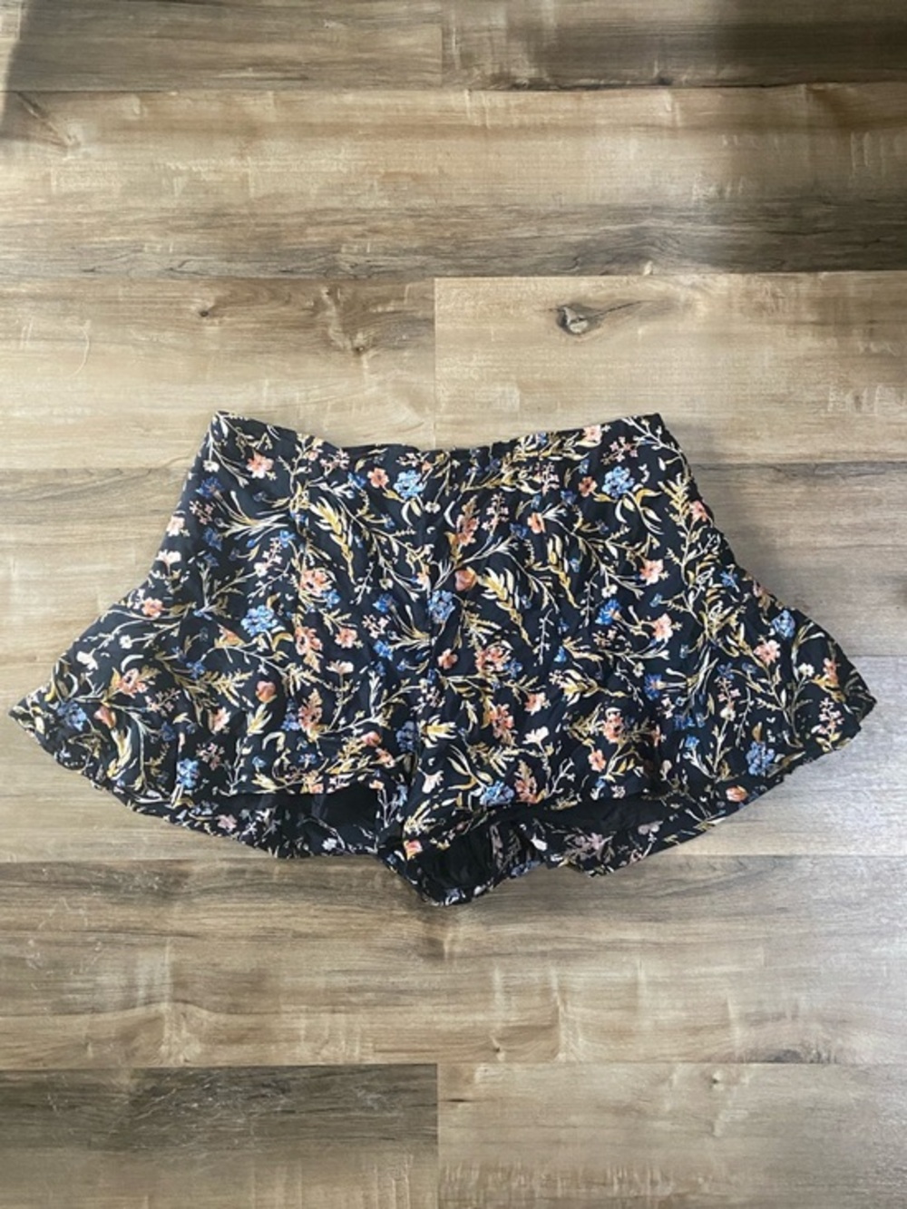 Kimchi Blue Black Floral Ruffle Shorts with Blue and Pink Accents
